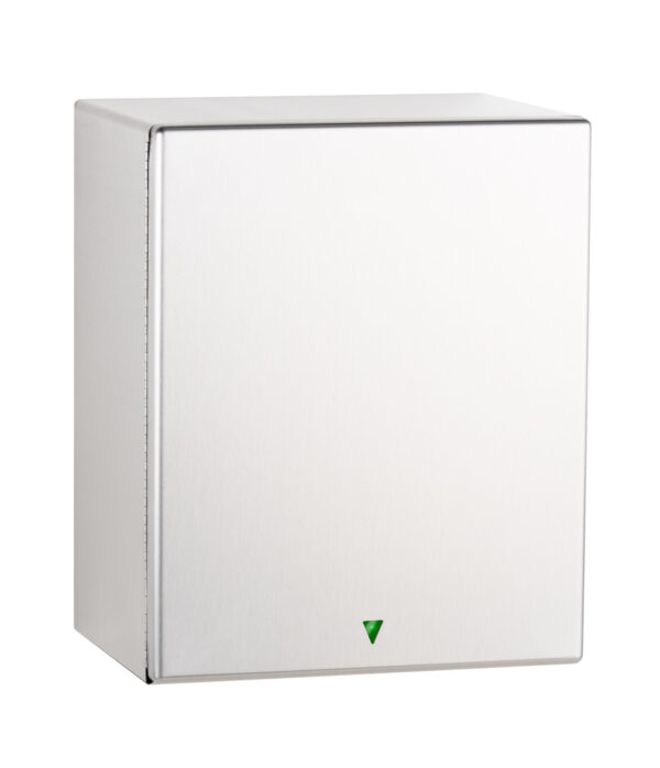 Stainless steel wall-mounted hand dryer with green indicator.