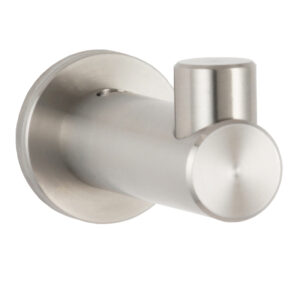 Wall-mounted stainless steel hook with cylindrical design and flat end cap.