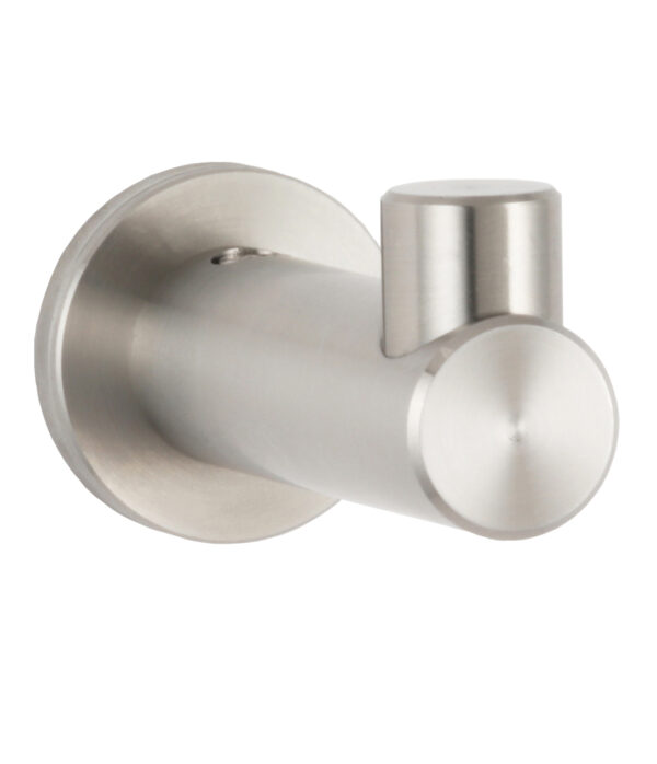 Wall-mounted stainless steel hook with cylindrical design and flat end cap.