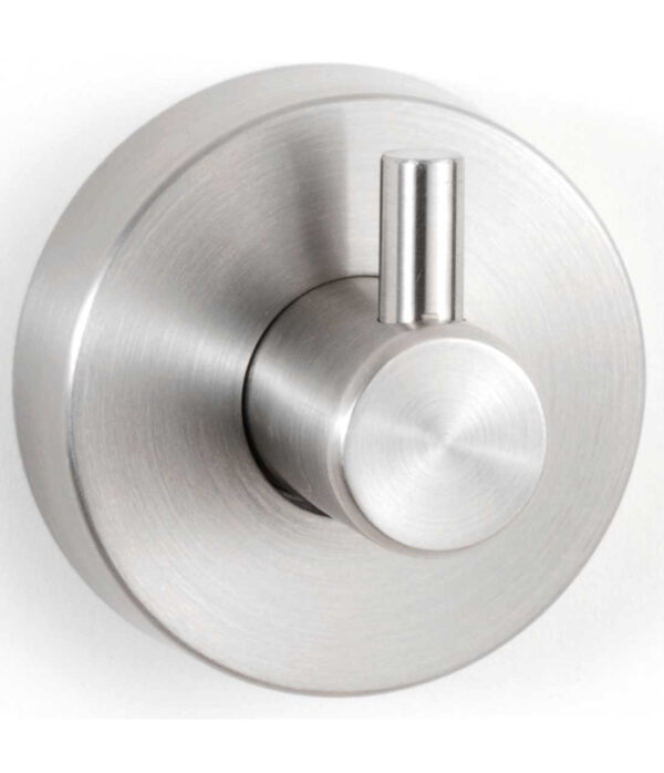 Round stainless steel wall-mounted knob with brushed finish.