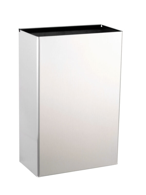 Rectangular stainless steel wall-mounted waste bin with open top and minimalist design.