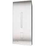 Stainless steel wall-mounted dispenser with vertical window for content visibility.