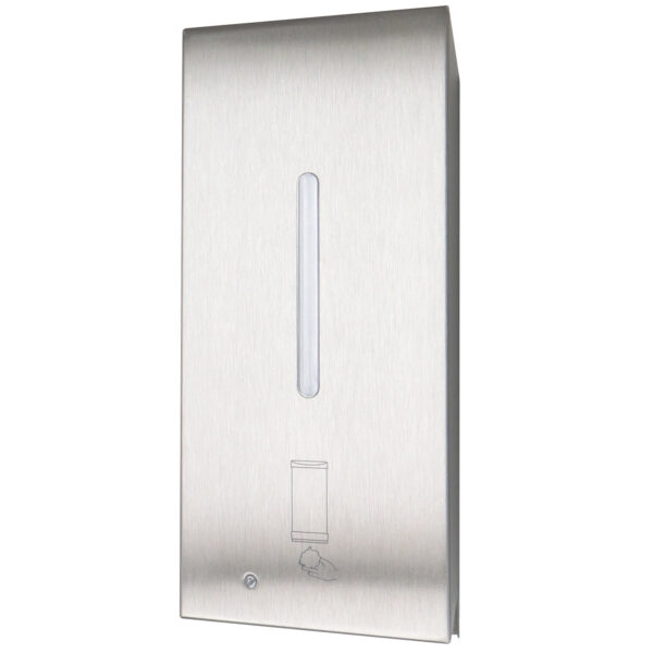 Stainless steel wall-mounted dispenser with vertical window for content visibility.