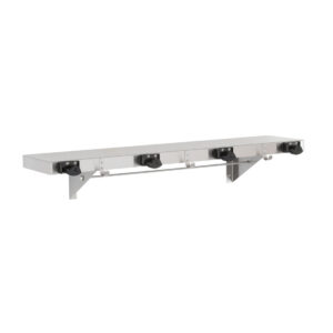 Stainless steel wall-mounted shelf with hooks and support brackets.