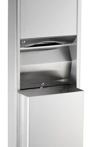 Stainless steel wall unit with paper towel dispenser and waste receptacle.