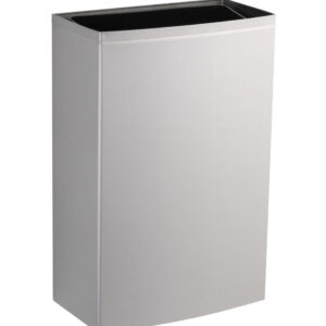 Rectangular stainless steel waste bin with curved front and open top.