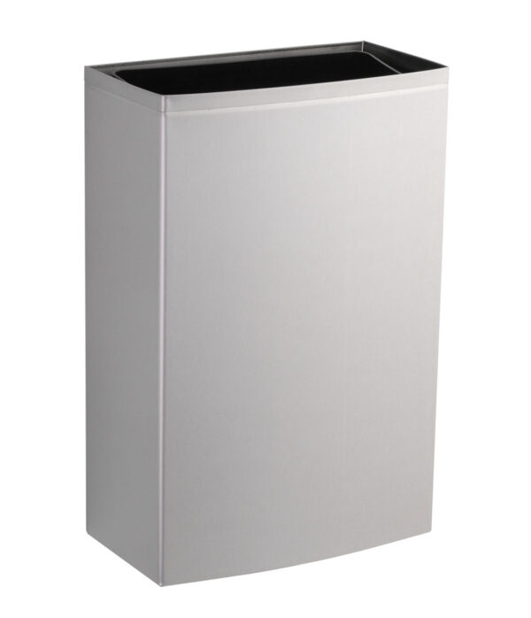 Rectangular stainless steel waste bin with curved front and open top.