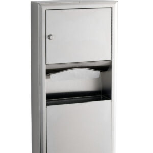 Stainless steel wall-mounted paper towel dispenser with waste bin.