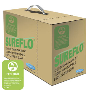 Cardboard box of SUREFLO 12L B-82512 green soap, certified eco-friendly, over 13,000 washes.