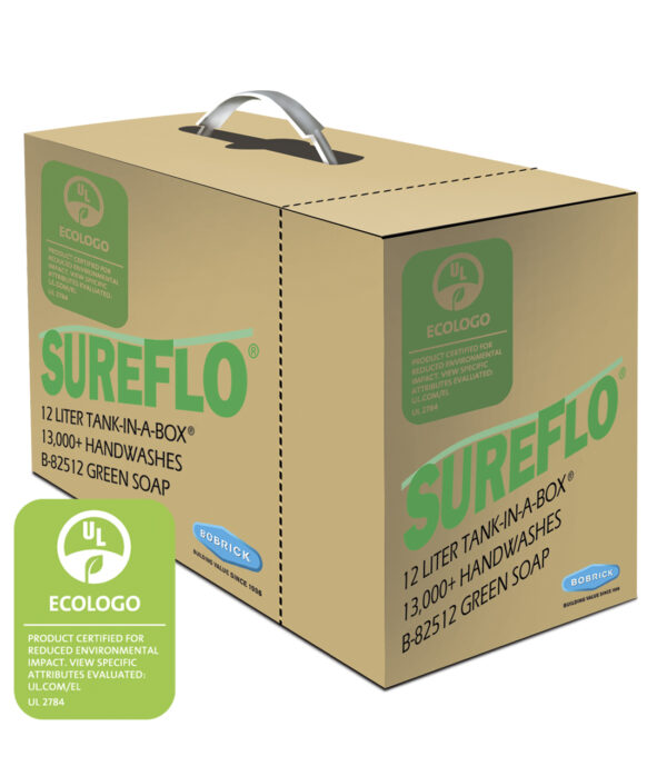 Cardboard box of SUREFLO 12L B-82512 green soap, certified eco-friendly, over 13,000 washes.