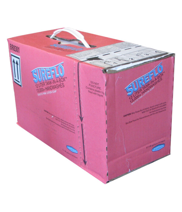 Cardboard box labeled "Sureflo," 12-liter tank for handwashing, pink with handle and instructions.