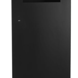 Tall black kiosk with screen and lock on front panel.