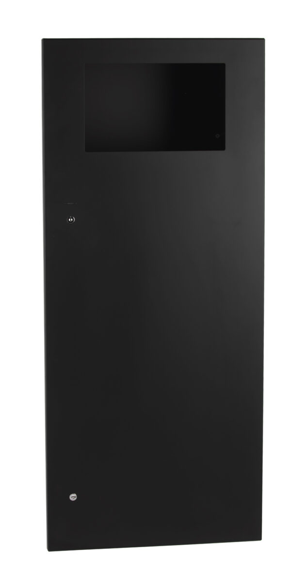 Tall black kiosk with screen and lock on front panel.