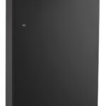 Tall black metal cabinet with open top compartment and two keyholes.