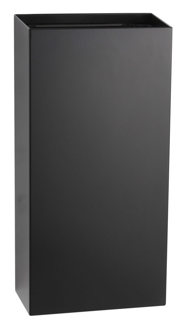 Tall, rectangular black waste bin with a flat top and smooth surface.