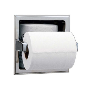 Toilet paper roll on wall-mounted shiny metal holder.