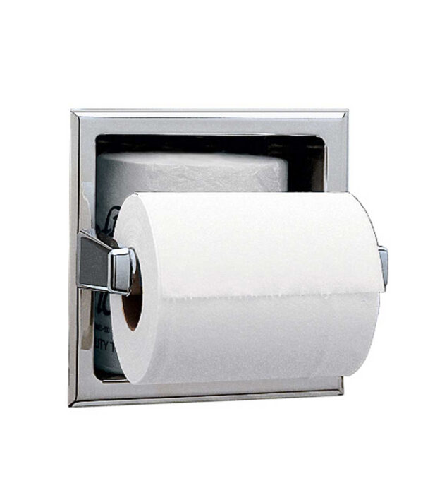 Toilet paper roll on wall-mounted shiny metal holder.