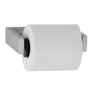 Toilet paper on angular silver holder.