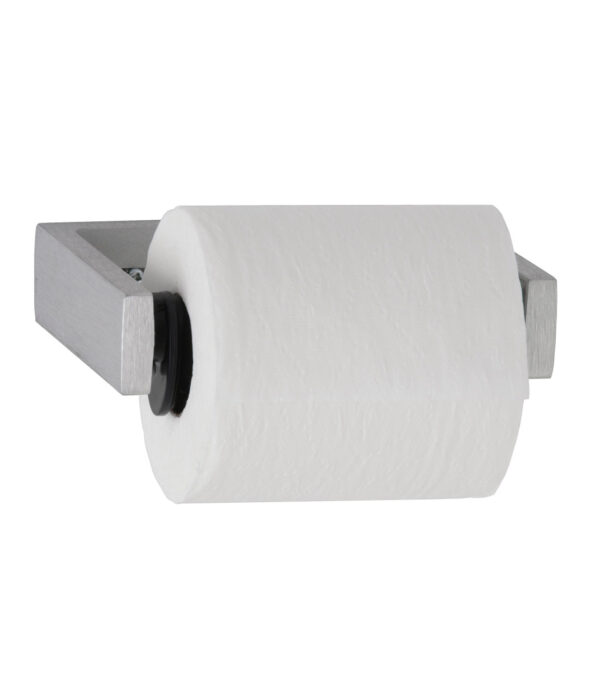 Toilet paper on angular silver holder.