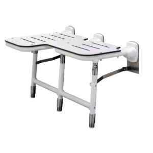 Wall-mounted shower seat with adjustable legs, slatted design, and metal brackets for stability.