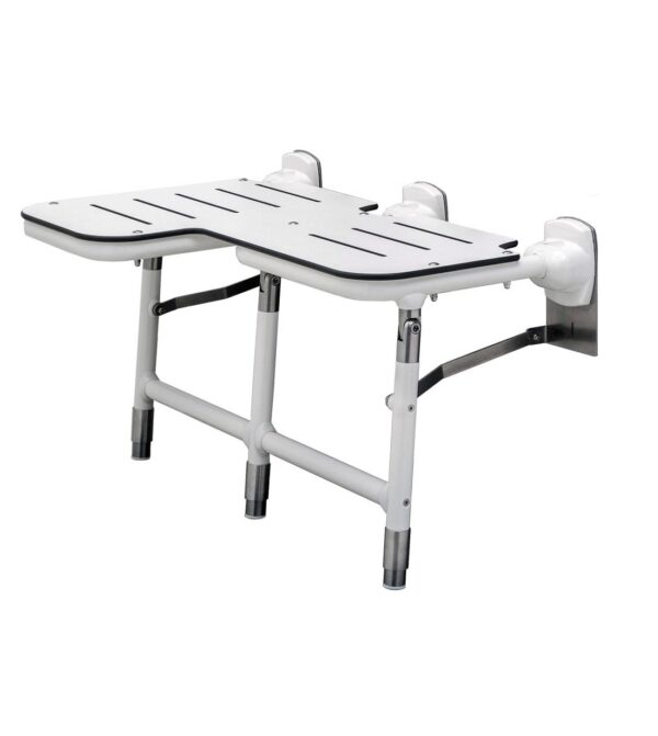 Wall-mounted shower seat with adjustable legs, slatted design, and metal brackets for stability.