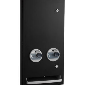 Wall-mounted black dispenser with two "FREE" knobs and a bottom tray.