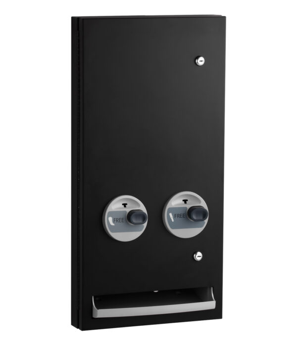 Wall-mounted black dispenser with two "FREE" knobs and a bottom tray.