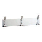 Wall-mounted coat rack with three metal hooks and rectangular backplates