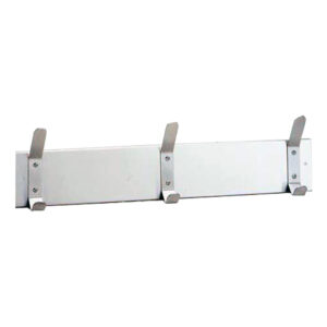 Wall-mounted coat rack with three metal hooks and rectangular backplates