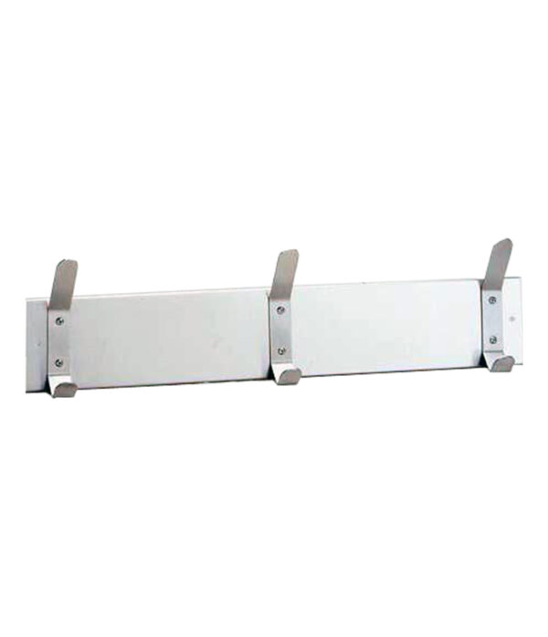 Wall-mounted coat rack with three metal hooks and rectangular backplates