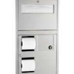 Wall-mounted dispenser for paper towels and toilet paper, featuring lock and disposal section.