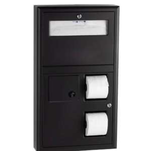 Wall-mounted black dispenser with toilet rolls and paper towel compartment.