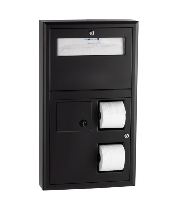 Wall-mounted black dispenser with toilet rolls and paper towel compartment.