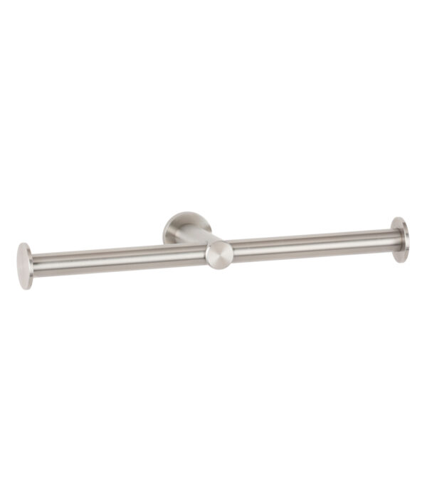 Wall-mounted double-bar toilet paper holder in brushed stainless steel with minimalist design.