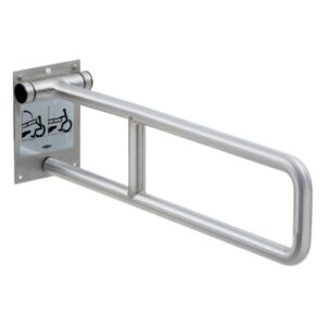 Wall-mounted foldable grab bar with silver metal design and a guide for accessibility support.