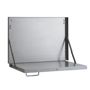 Wall-mounted foldable metal table with flat surface and support brackets for space-saving.