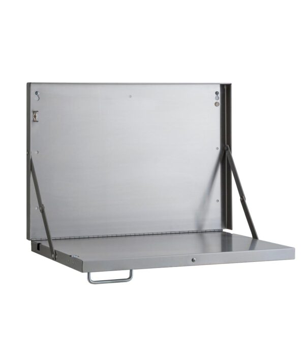 Wall-mounted foldable metal table with flat surface and support brackets for space-saving.