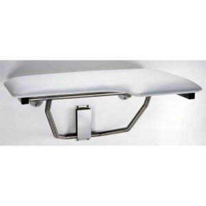 Wall-mounted foldable shower seat with white surface and stainless steel supports.