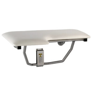 Wall-mounted folding shower seat with a metal frame and caution label for ergonomic support.