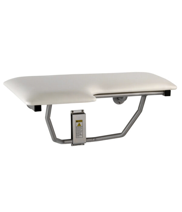 Wall-mounted folding shower seat with a metal frame and caution label for ergonomic support.