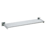 Wall-mounted glass shelf with chrome brackets and supports.