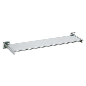 Wall-mounted glass shelf with chrome brackets and supports.