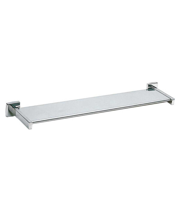 Wall-mounted glass shelf with chrome brackets and supports.