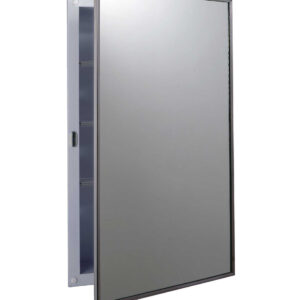 Wall-mounted medicine cabinet with mirror door, metal frame, interior shelves.