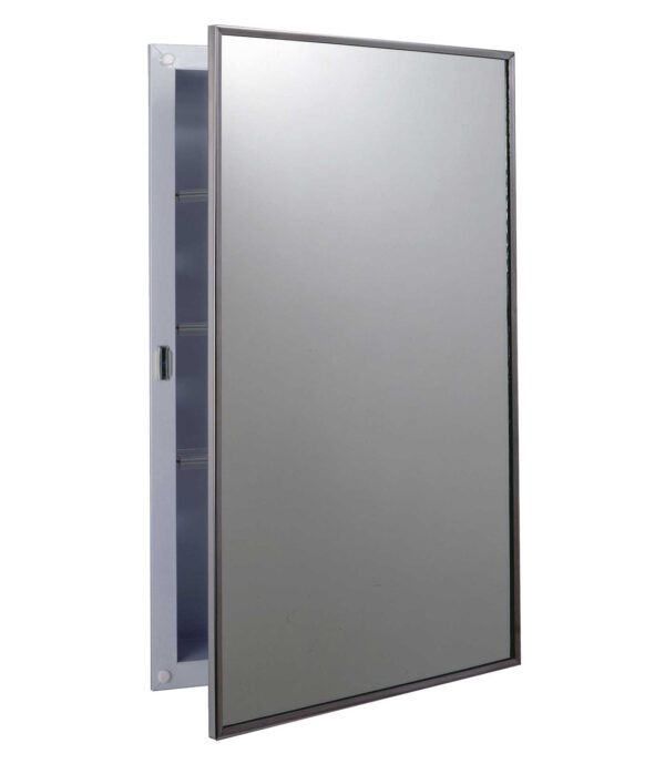 Wall-mounted medicine cabinet with mirror door, metal frame, interior shelves.