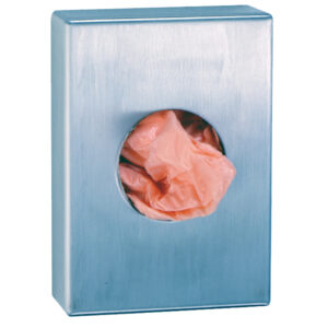 Wall-mounted metal dispenser with pink bags visible through a circular opening.