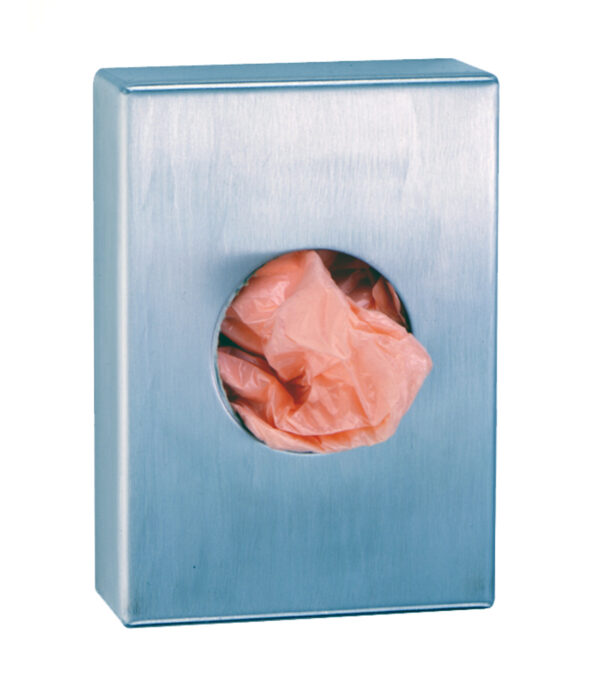 Wall-mounted metal dispenser with pink bags visible through a circular opening.