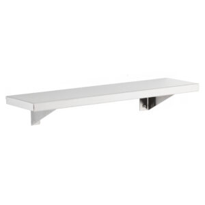 Wall-mounted rectangular metal shelf with two angle supports.