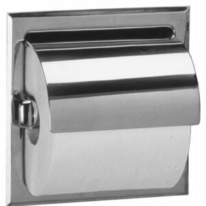 Wall-mounted shiny metal toilet paper holder with recessed design and rectangular frame.