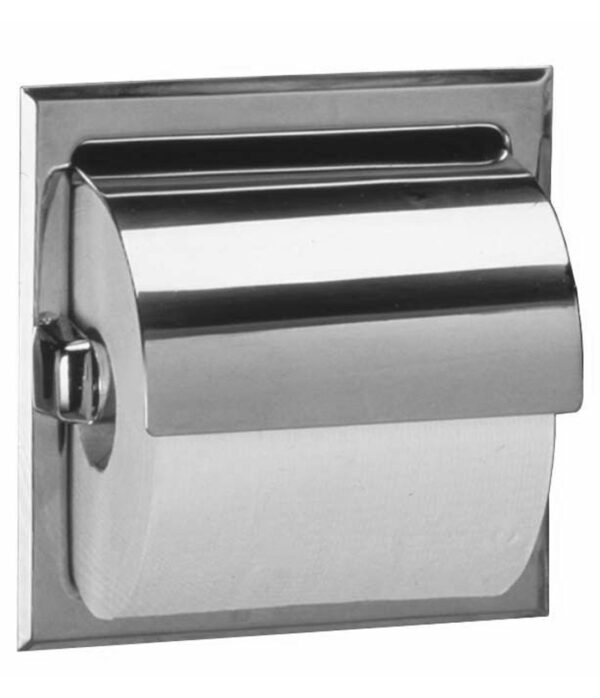 Wall-mounted shiny metal toilet paper holder with recessed design and rectangular frame.